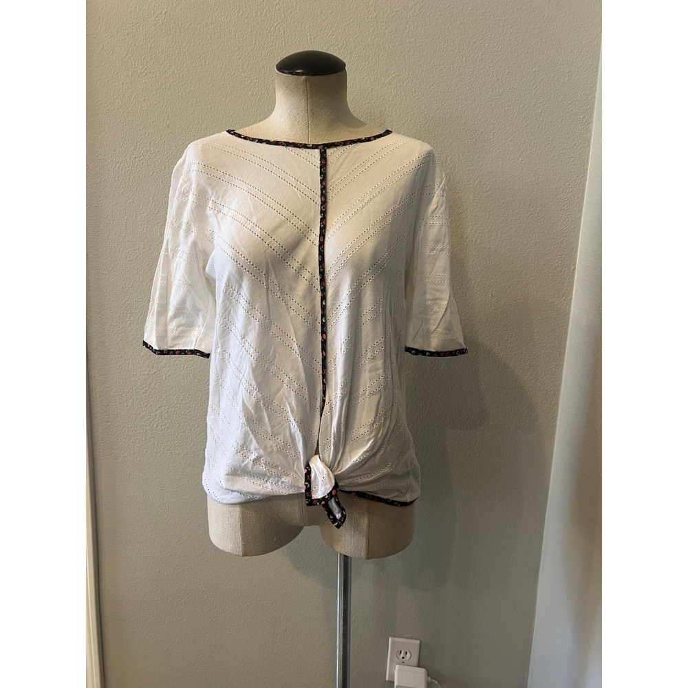 Aldomartins White Eyelet Tie Front Knit Top Women's Floral Trim Barcelona M